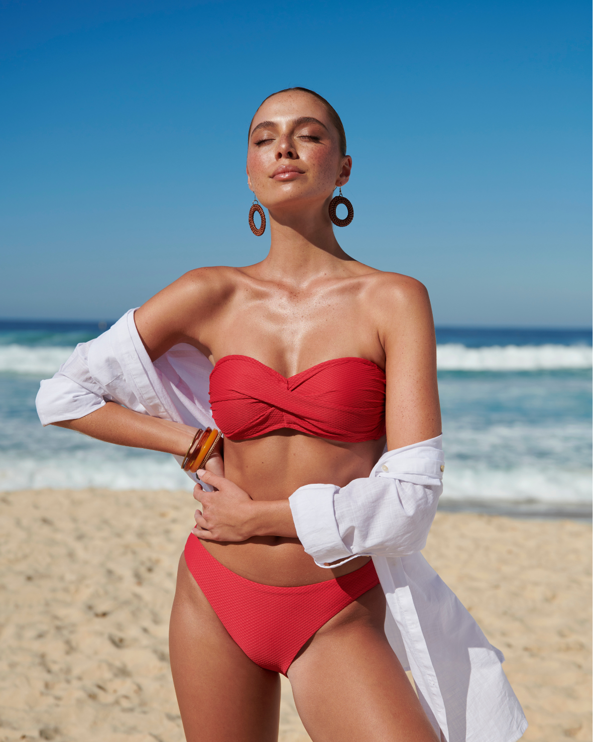 red bandeau bikini with straps