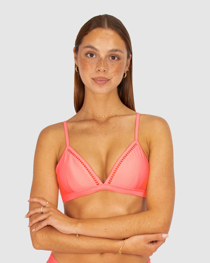 Designed by leading Australian swimwear brand Baku, the Rococco Fixed Ladder Lace Triangle Bikini Bra features bright, bold colours, removable cups, ladder lace trim, and adjustable straps. Made with buttery soft Spanish fabric for shaping and comfort.