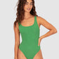 Ibiza Low Back One Piece in moss crinkle fabric offering low back style, elongated legline, rio cut coverage, shelf support, and removable cups from Australian swimwear brand Baku.
