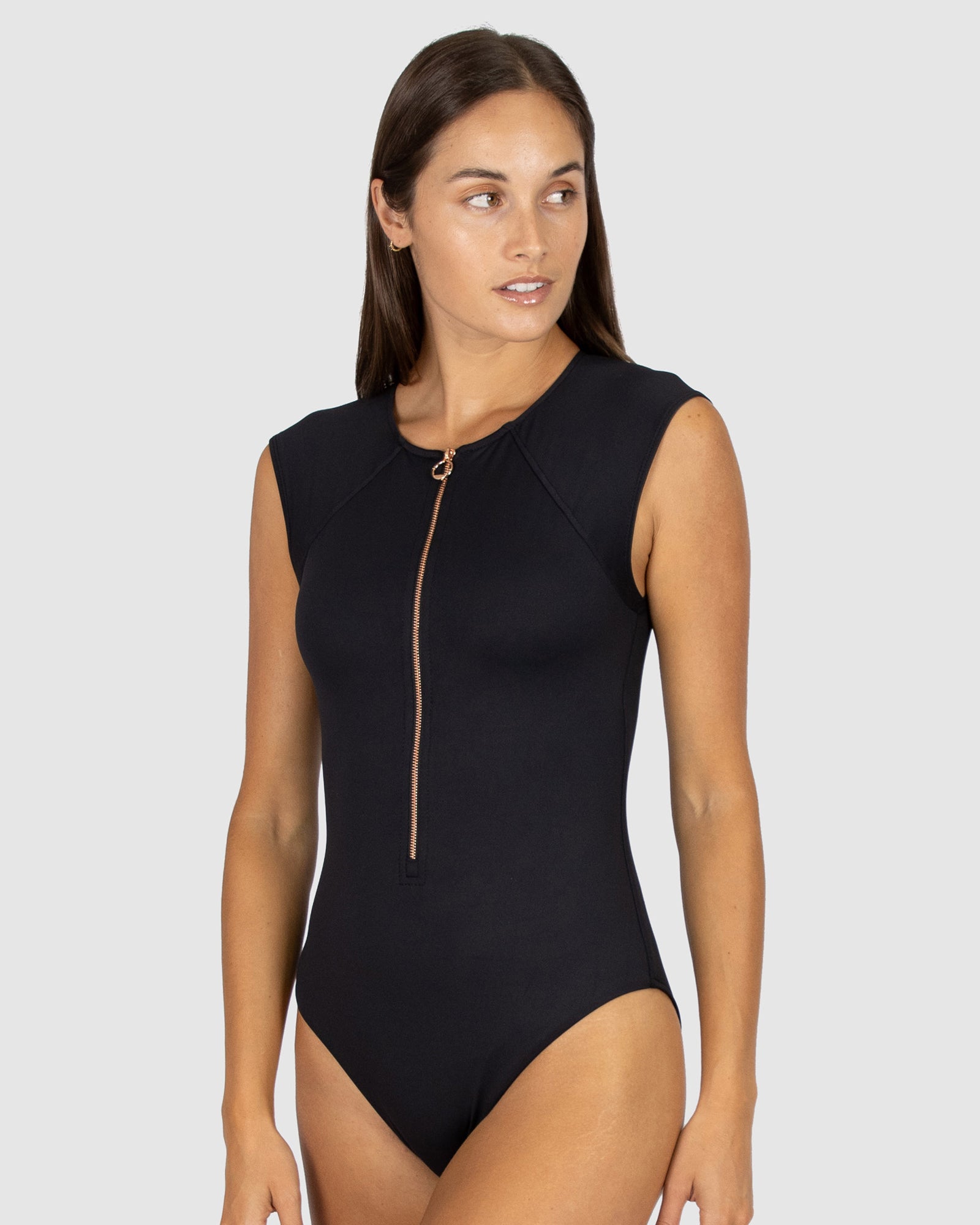 Surf Suit Black Zip Front Swimsuit Chloro Cap Sleeve Surfsuit Swimwear