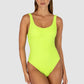 Ibiza Low Back One Piece in zest crinkle fabric with flattering low back, elongated leg line, rio coverage, shelf support, and removable cups from Australian swimwear brand Baku.