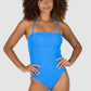 Ibiza Bandeau One Piece in blue crinkle fabric featuring removable cups, shelf support, gripper elastic, and sleek minimalist design with higher leg coverage by Australian swimwear brand Baku.