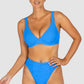 Ibiza DD–E Underwire Bra Bikini Top in blue crinkle fabric featuring underwire support, soft removable cups, adjustable convertible straps, and clip-back fastening by Australian swimwear brand Baku.