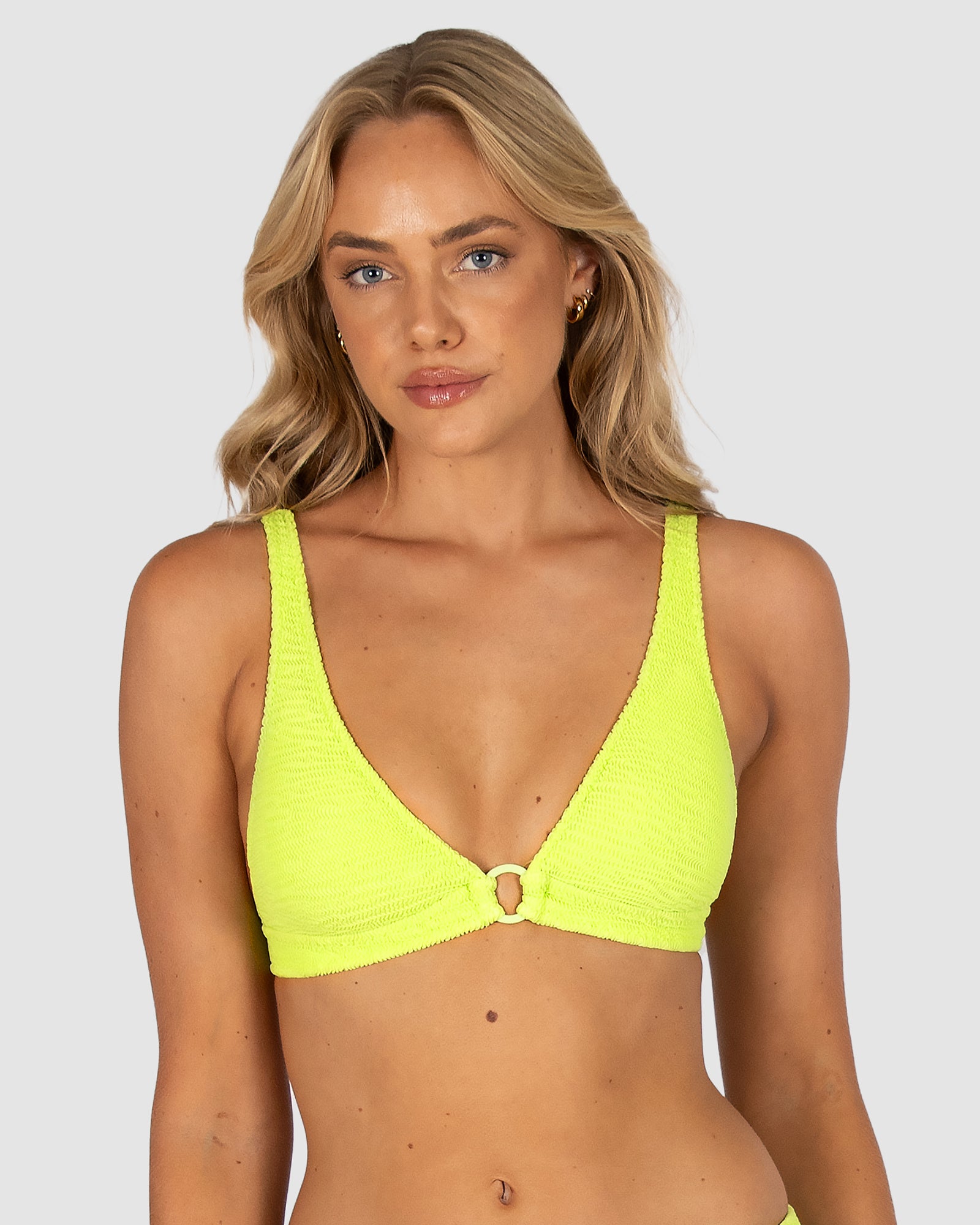 Ibiza Ring Front Bra Bikini Top in zest crinkle fabric with dropped neckline connected by a ring, removable cups, boning support, and adjustable straps from Australian swimwear brand Baku.