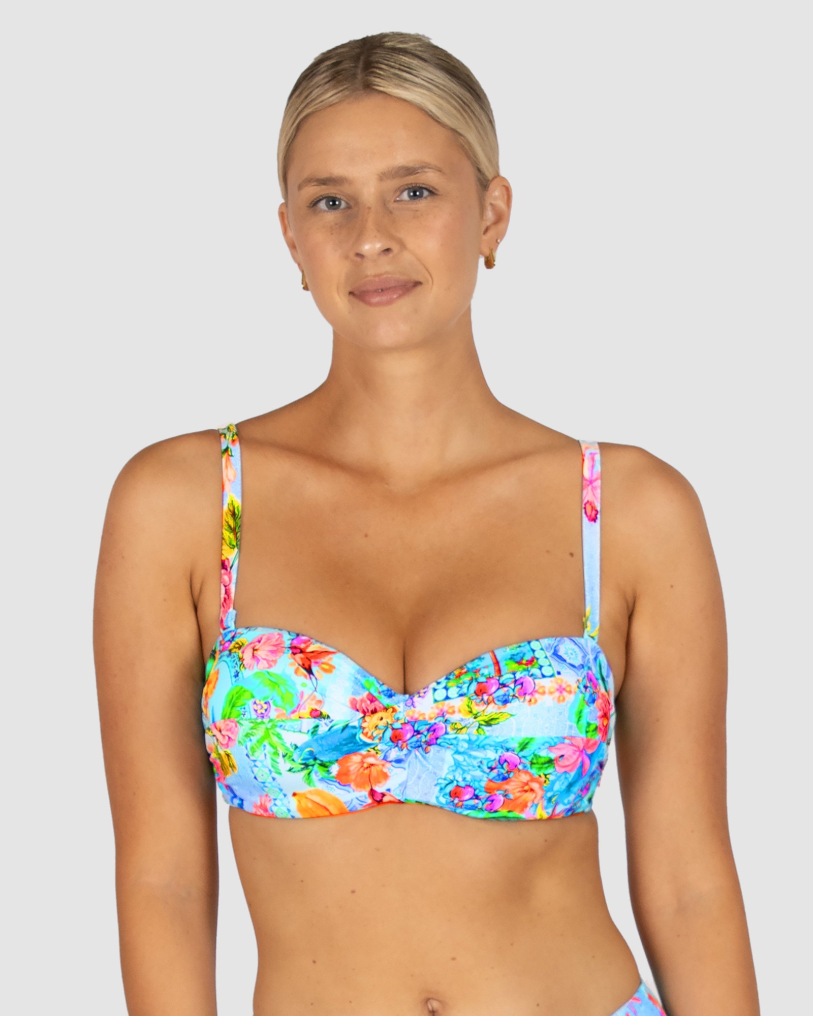 Baku Sardinia twist bandeau bikini top for D-DD cup with moulded cups, gripper tape and removable straps, swimwear made in austalia