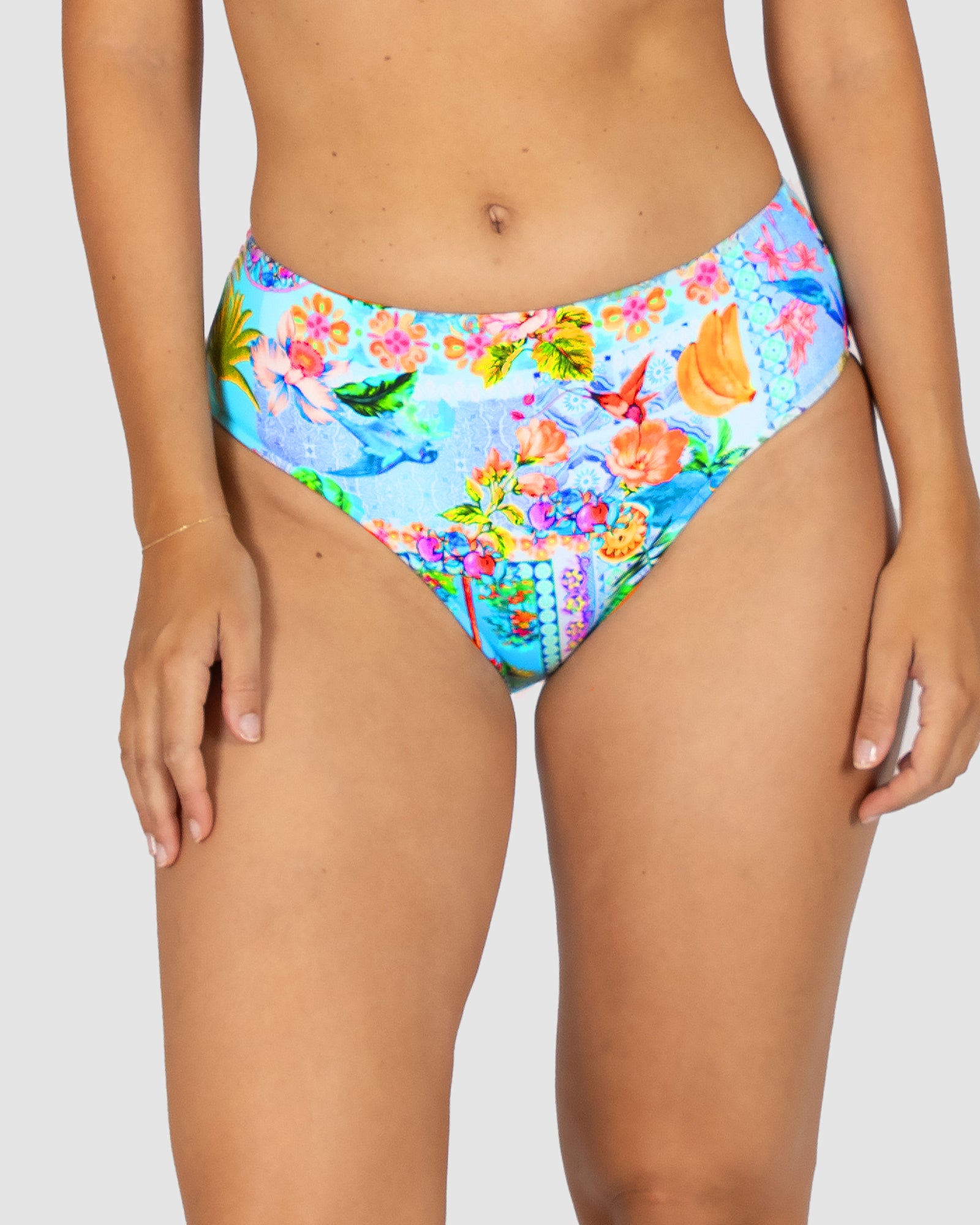 Baku Sardinia mid-rise bikini bottom with tummy control and full coverage – tropical floral print, made in Australia