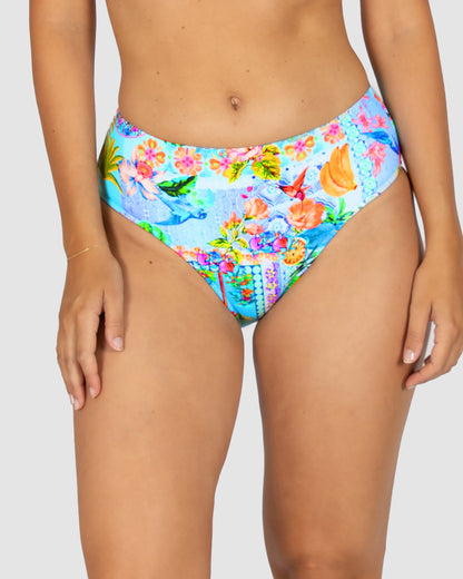 Baku Sardinia mid-rise bikini bottom with tummy control and full coverage – tropical floral print, made in Australia
