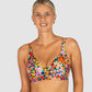 Baku's Biarritz D/DD/E Underwire Bikini Bra Top with hidden underwire, soft removable cups, and side boning in a vibrant floral print. Designed and made in Australia.