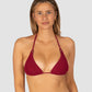 Ibiza Slide Triangle Bikini Top in scarlet purple-red crinkle fabric, designed with removable cups, A–C cup fit, and adjustable ties around the neck and back from Australian swimwear brand Baku.