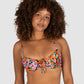 Close-up of ruched centre front and adjustable tie on Baku's Biarritz bikini top, highlighting supportive underwire and luxurious floral fabric.