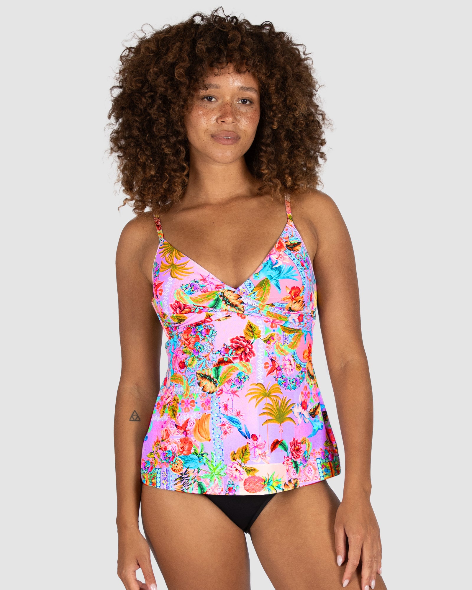Baku Sardinia wrap tankini top with soft moulded cups, adjustable straps and multi A-D cup fit – tropical floral print, made in Australia