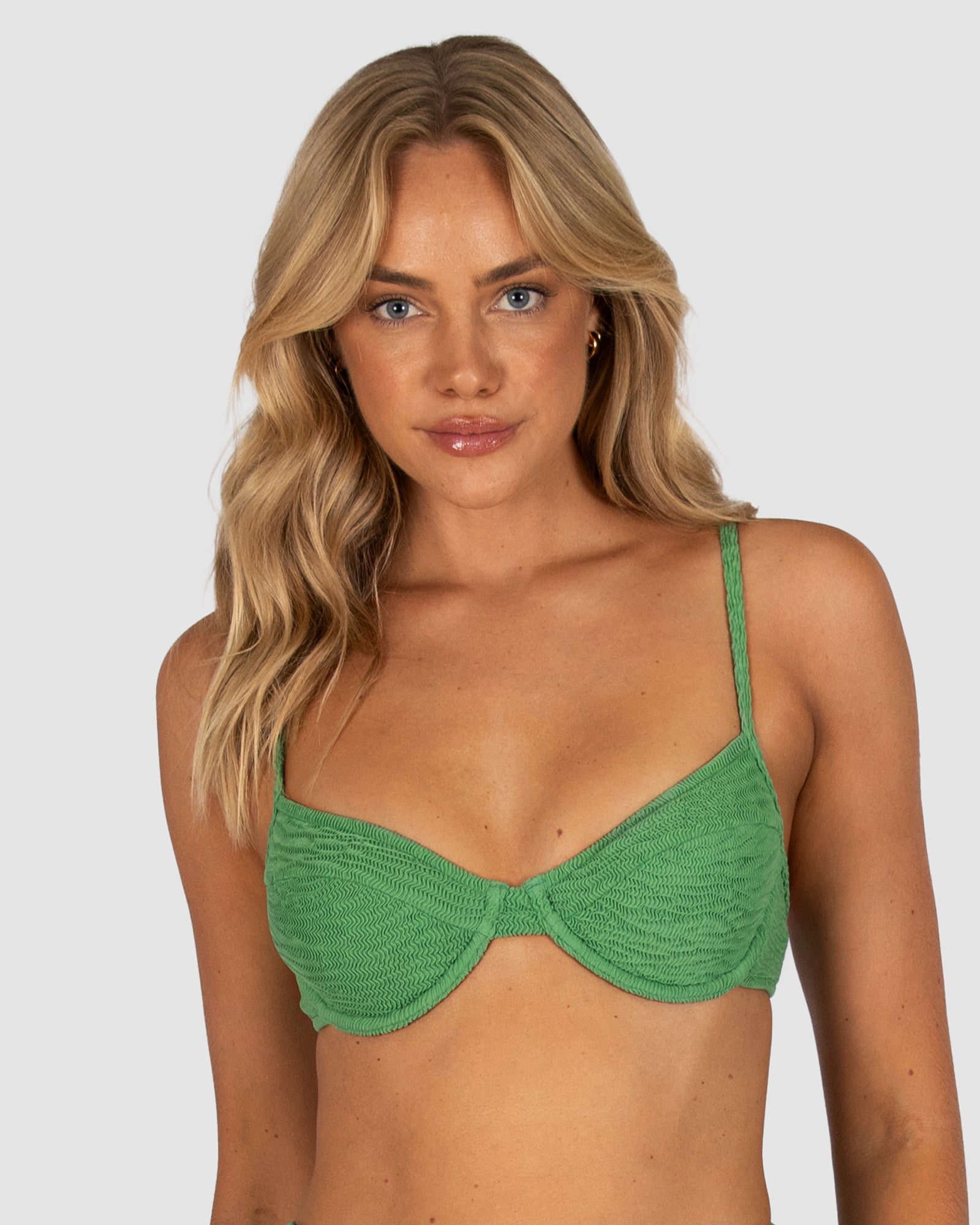 Ibiza B–C Underwire Bra Bikini Top in moss crinkle fabric offering underwire support, removable moulded cups, convertible straps, and clip-back closure from Australian swimwear brand Baku.