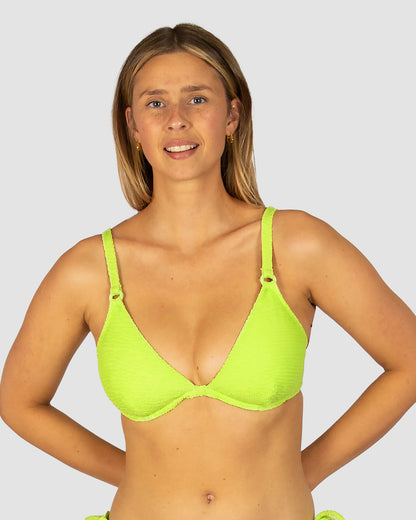 Ibiza D–DD Cup Underwire Triangle Bikini Top in zest crinkle fabric with underwire support, lycra cup lining, ring detailing, clip-back closure, and adjustable convertible straps from Australian swimwear brand Baku