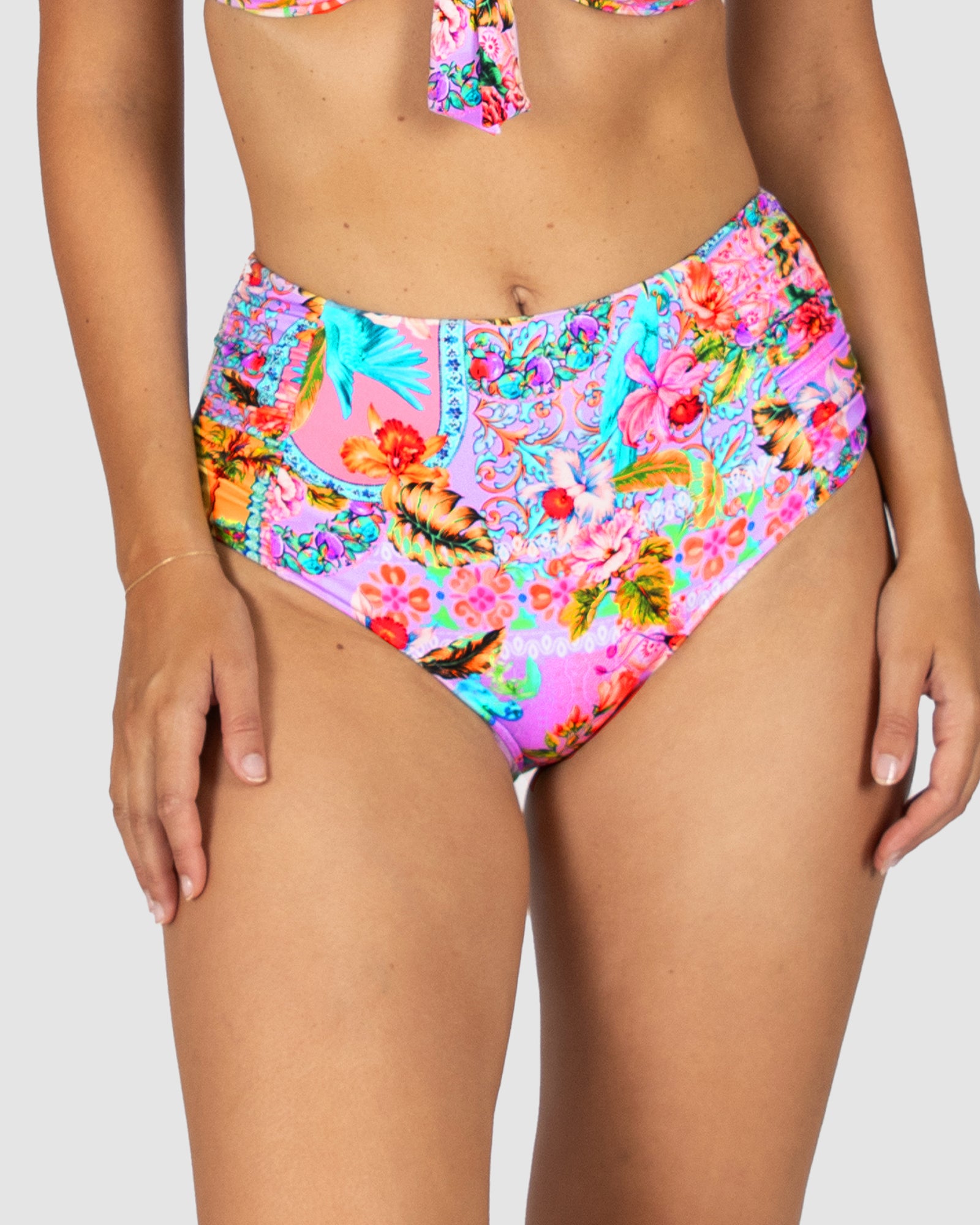 Baku Sardinia high waist bikini bottom with tummy control, ruched front and full coverage – tropical floral print, made in Australia