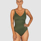 Baku is a premium Australian swimwear brand. The Rococco D/E One Piece Swimsuit in Amazon, a dark olive green with earthy depth, is crafted from luxurious Spanish textured fabric. It includes hidden underwire, side boning, tummy control, and removable cups, with adjustable straps for all-day comfort and a naturally flattering shape.