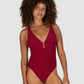 Ibiza Longline One Piece in scarlet crinkle fabric with flattering low neckline, ring accent, removable cups, and internal boning for shape from Australian swimwear brand Baku.