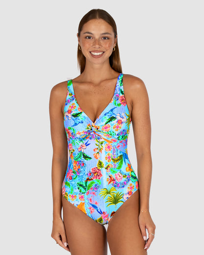 Baku Sardinia Twist Bralette One Piece for C–DD cup, featuring twist front detail, adjustable straps, and vibrant tropical print.