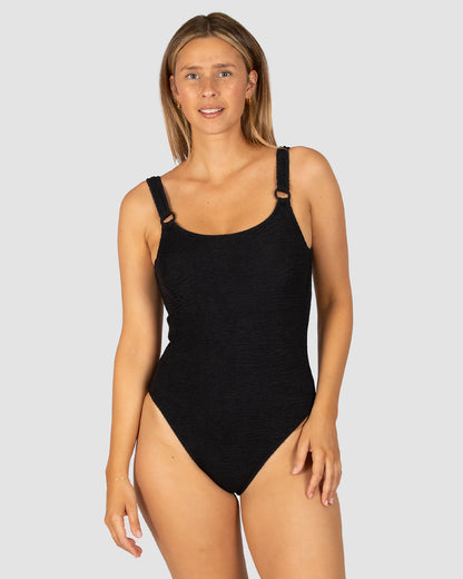 Ibiza D/E Cup Underwire One Piece crafted in black crinkle fabric with shelf support, flattering scoop back, hidden underwire, and ring trim by Australian swimwear brand Baku.