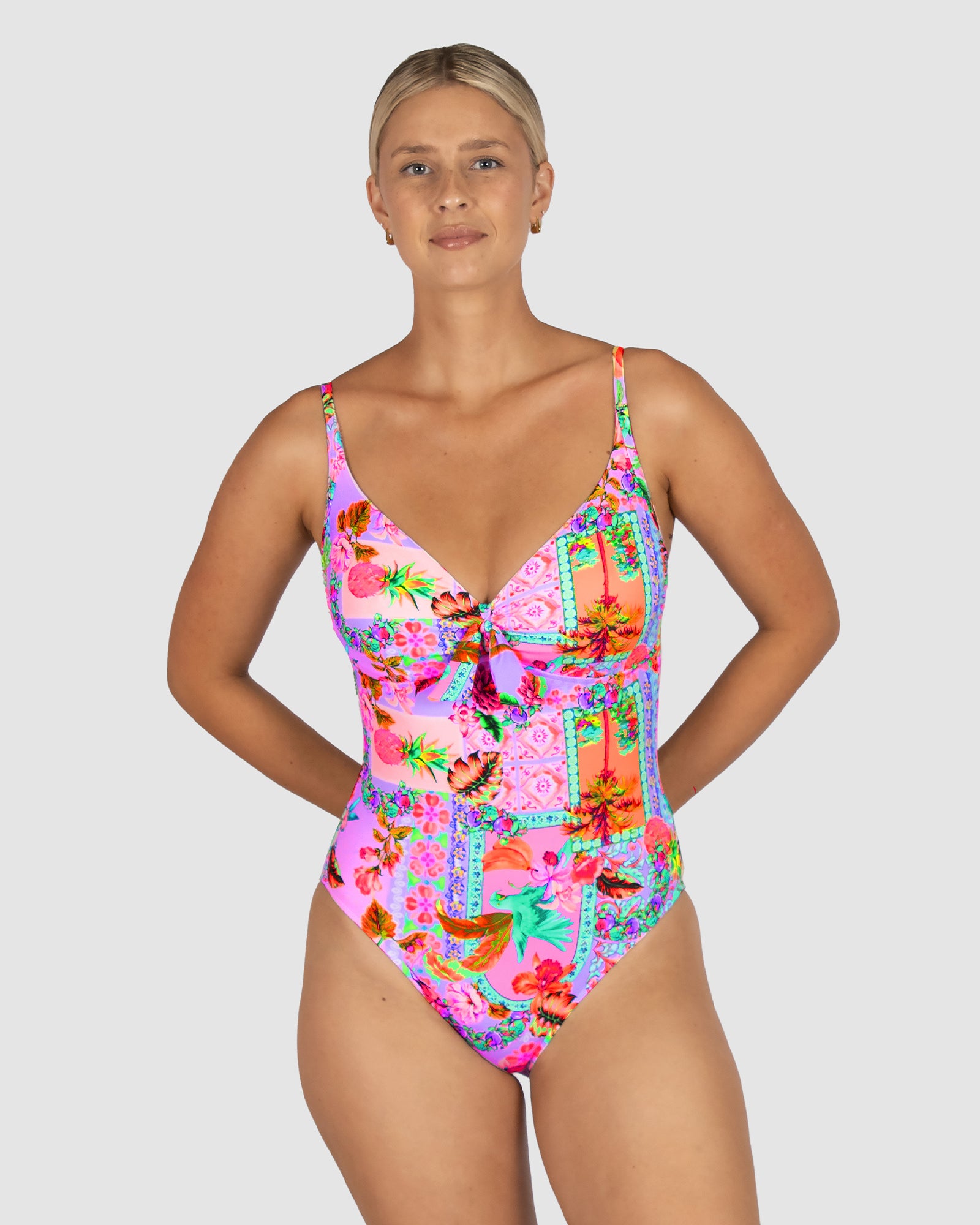 Baku Sardinia Tie Front One Piece for D–E cup, with tummy control, hidden underwire, and bold tropical print.