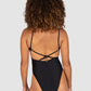 Baku Rococco deep V one piece swimsuit with cheeky coverage, soft removable cups, low back and cross-back detailing – sculpting solid fabrication