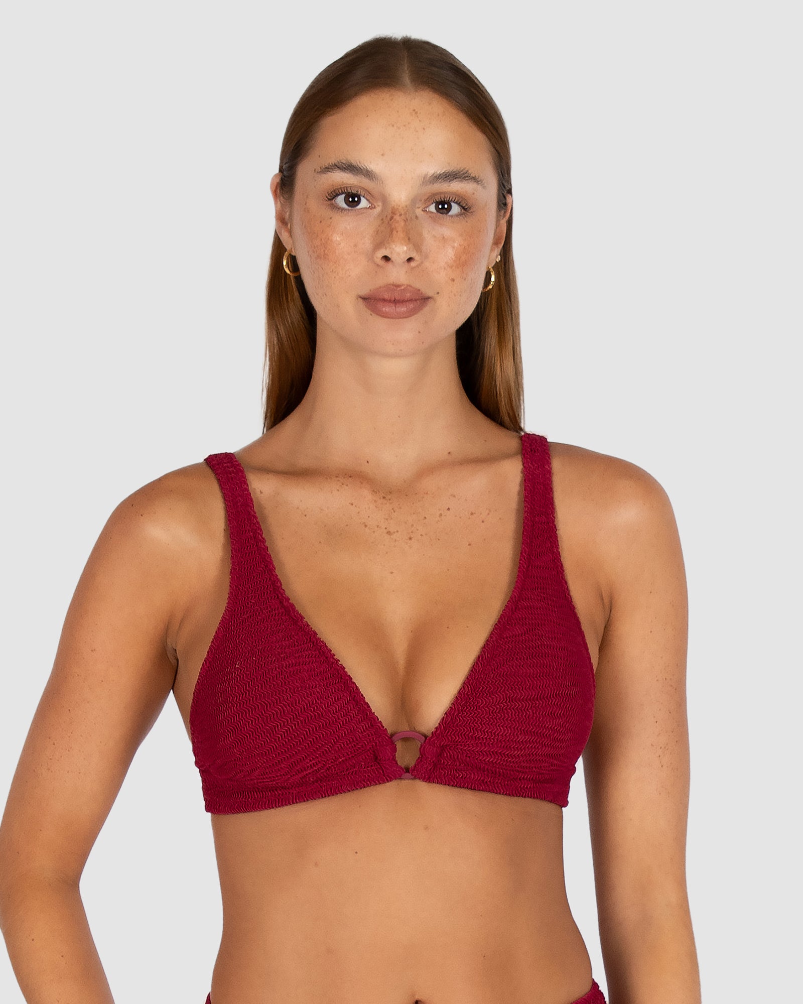 Ibiza Ring Front Bra Bikini Top in scarlet crinkle fabric with flattering ring detail neckline, removable cups, supportive boning, and adjustable straps from Australian swimwear brand Baku.
