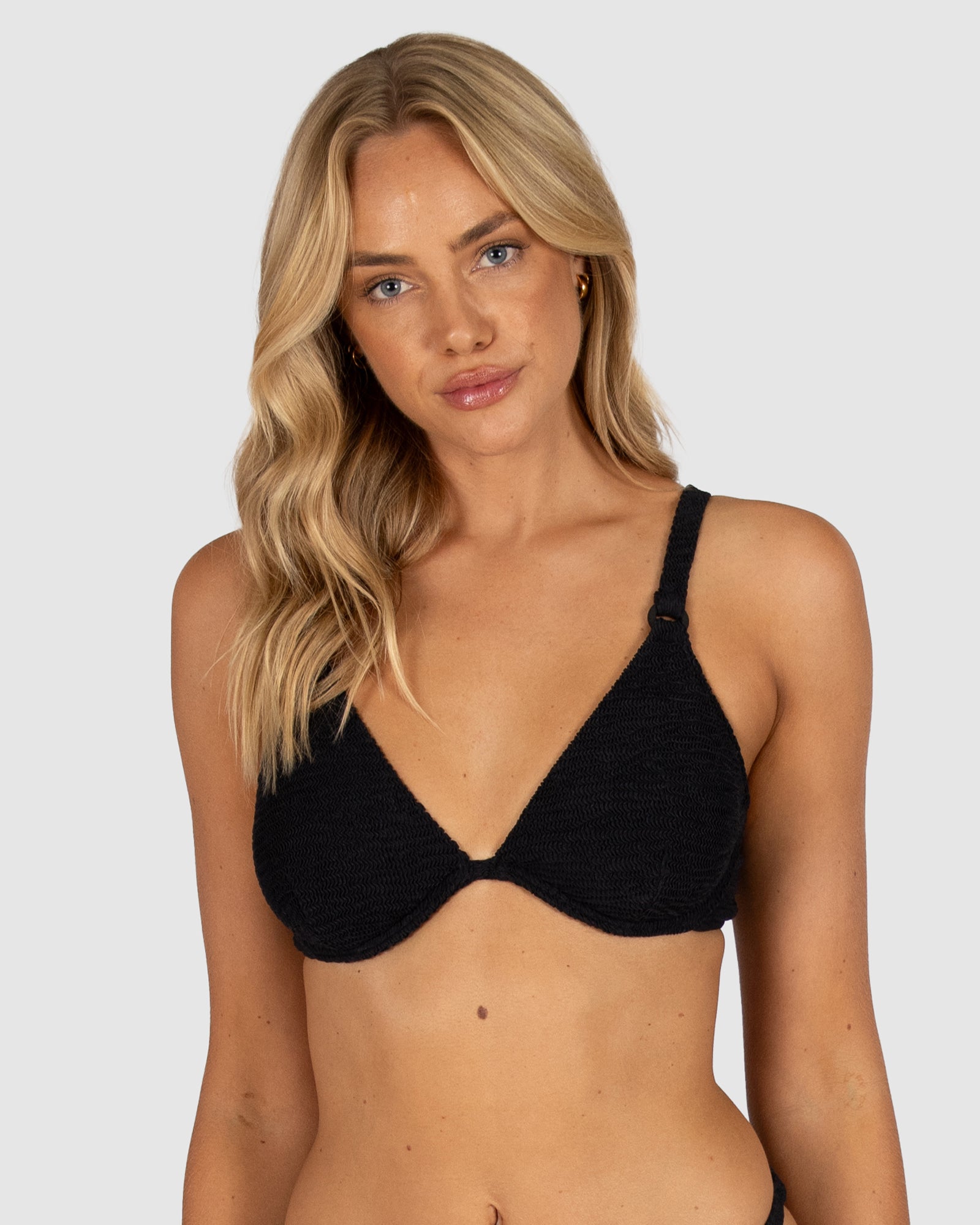 Ibiza D–DD Cup Underwire Triangle Bikini Top in black crinkle fabric offering strong underwire support, lycra cup comfort, ring trim, clip-back closure, and adjustable convertible straps by Australian swimwear brand Baku.