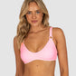 Ibiza Scoop Bralette Bikini Top in pink sorbet crinkle fabric featuring scoop front, ring accent, soft removable cups, and secure clip-back closure by Australian swimwear brand Baku.