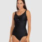 Baku is a premium Australian swimwear brand. The Rococco F/G Underwire Tankini Swim Top in Nero, a timeless black shade, offers sophisticated support with a lace-up front neckline and Spanish textural fabric. Hidden underwire, boning, and power mesh cup lining provide shaping and stability for F-G cups. Finished with wide, adjustable straps and a secure clip back for confident all-day wear.