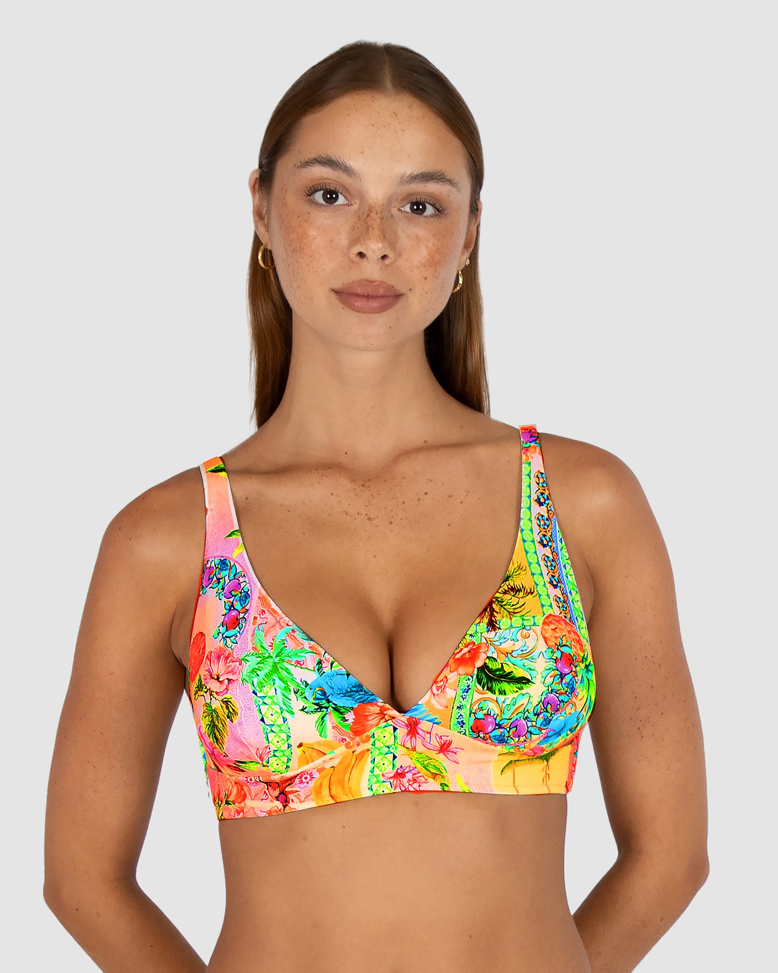 Baku Sardinia longline bikini top for C-D cup with removable cups, boning, soft under-bust band and tie back – tropical floral print, made in Australia