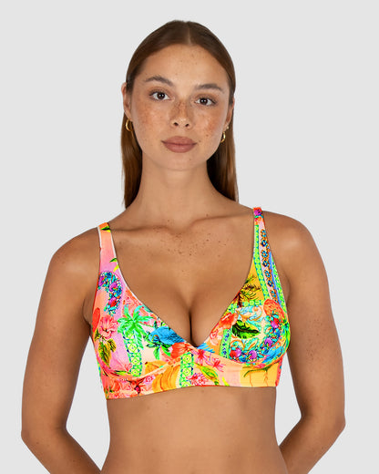 Baku Sardinia longline bikini top for C-D cup with removable cups, boning, soft under-bust band and tie back – tropical floral print, made in Australia