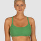 Ibiza E–F Cup Bralette Bikini Top in moss crinkle fabric offering removable soft cups, boning structure, lycra cup support, convertible adjustable straps, and clip-back closure from Australian swimwear brand Baku.