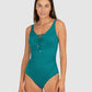 aku is a premium Australian swimwear brand. The Rococco E-F-G One Piece Swimsuit in Jungle, a bold and deep green inspired by tropical foliage, is designed to support and shape. Made from Spanish-developed textural fabric, it includes a lace-up neckline, hidden underwire, power mesh stability, boning, Lycra cup support, tummy control, and a clip back, all finished with convertible adjustable straps for flexibility.