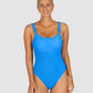 Ibiza D/E Cup Underwire One Piece in blue crinkle fabric featuring hidden underwire support, low scoop back, and ring accents from Australian swimwear brand Baku.