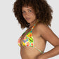 Baku Sardinia Grecian triangle bikini top with soft tie neck, rose gold bar trim and multi-fit cup design – bold tropical floral print