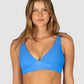 Ibiza D–DD Longline Bra Bikini Top in blue crinkle fabric with flattering neckline, power mesh under-bust support, boning, removable cups, and multiway adjustable straps by Australian swimwear brand Baku.