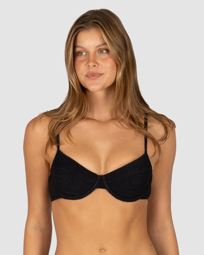 Ibiza B–C Underwire Bra Bikini Top in black crinkle fabric designed with supportive underwire, removable moulded cups, adjustable and convertible straps, and secure clip-back closure by Australian swimwear brand Baku.