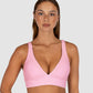 Ibiza D–DD Longline Bra Bikini Top in pink sorbet crinkle fabric featuring flattering dropped neckline, under-bust mesh support, removable cups, boning, and multiway adjustable straps by Australian swimwear brand Baku.
