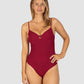 Ibiza D–DD Cup Underwire Bandeau One Piece in scarlet crinkle fabric with supportive hidden underwire, boning structure, removable cups, U-trim detail, and detachable straps from Australian swimwear brand Baku.