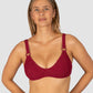 Ibiza Scoop Bralette Bikini Top in scarlet crinkle fabric with scoop neck, ring trim, removable cups, and clip-back fastening from Australian swimwear brand Baku.