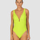Ibiza Longline One Piece in zest crinkle fabric with dropped neckline, ring detail, removable cups, and boning for structure from Australian swimwear brand Baku.