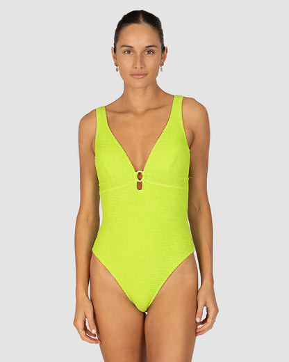 Ibiza Longline One Piece in zest crinkle fabric with dropped neckline, ring detail, removable cups, and boning for structure from Australian swimwear brand Baku.