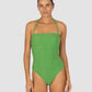 Ibiza Bandeau One Piece in moss crinkle fabric offering removable cups, shelf support, gripper elastic, and modern streamlined silhouette with high leg cut from Australian swimwear brand Baku.