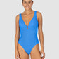 Ibiza Longline One Piece in blue crinkle fabric with a flattering dropped neckline, ring front detail, removable cups, and boning support by Australian swimwear brand Baku.