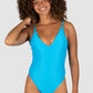 Baku is an Australian swimwear brand. Rococco Deep V Neck Cheeky One Piece Swimsuit crafted from Spanish textured fabrication, featuring soft removable cups, hidden shelf support, cheeky coverage, low back, and cross-back detailing
